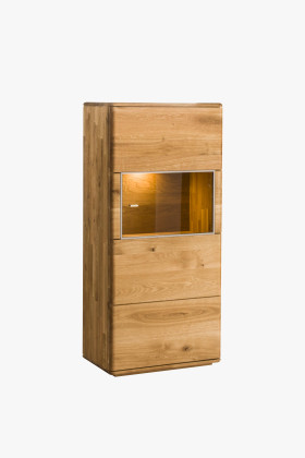 Tömör tölgyfa alacsony üvegajtós vitrin 3 polccal, természetes színű